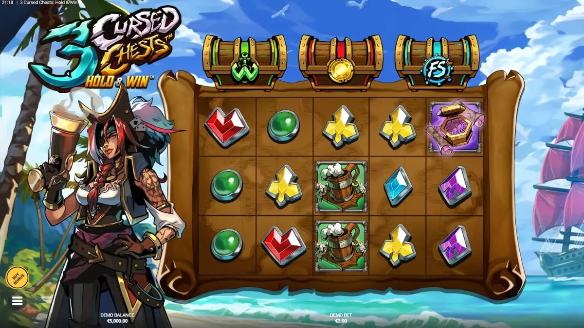 Tampilan visual slot 3 Cursed Chests: Hold & Win dengan tema bajak laut yang gelap
